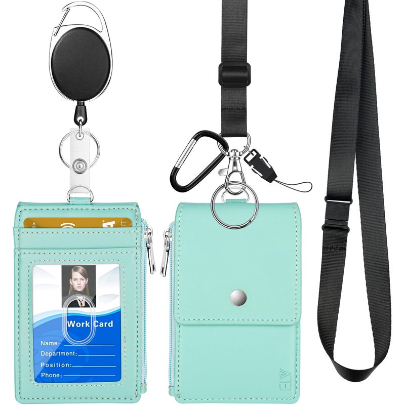 ELV Retractable ID Badge Holder with Breakaway Lanyard, Detachable Heavy Duty Badge Reel, RFID Blocking Card Holder Wallet, Keychain, for Office School Business Security Staff Men Women - Mint - Image 1